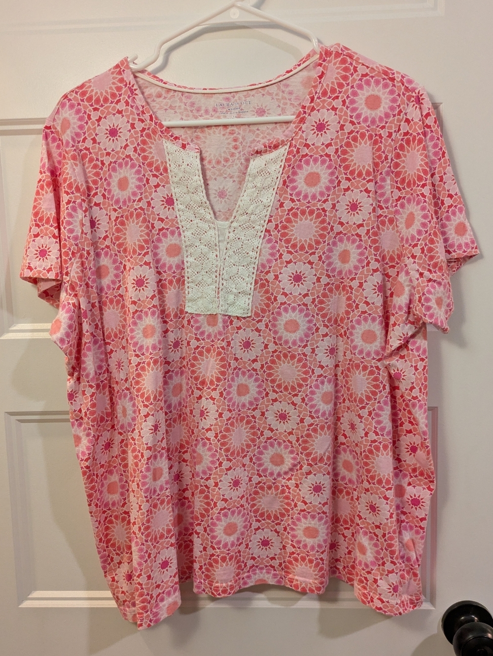 🔴 Laura Scott Pink Crochet-Trim V-Neck Top